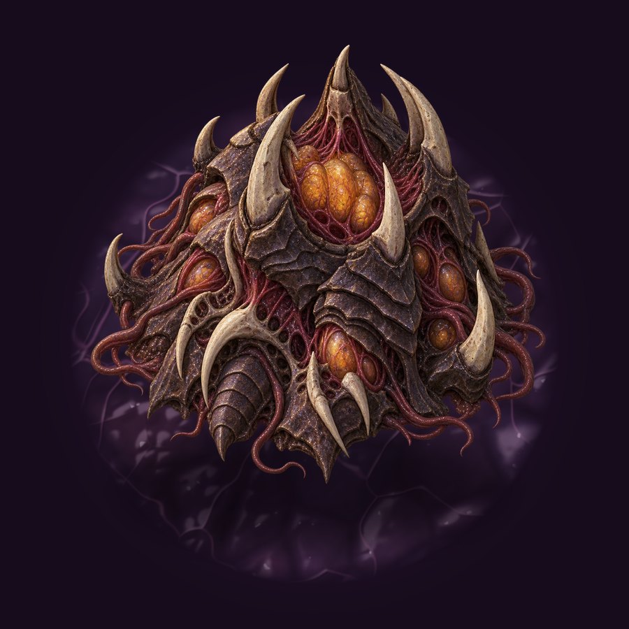 Painting of the Seed of Oblivion: a mound of dark carapace and bone horns around glowing amber eggs, wrapped in red tendrils.
