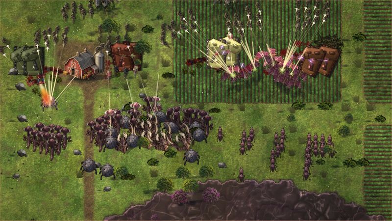 Warriors overrun a red farmhouse and its fields while soldiers fire.
