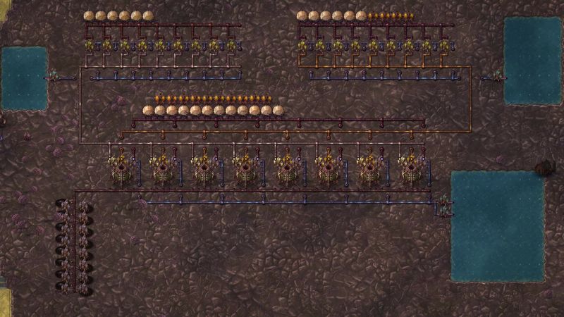 A refinery of organs, bladders and coloured vessels between two ponds.