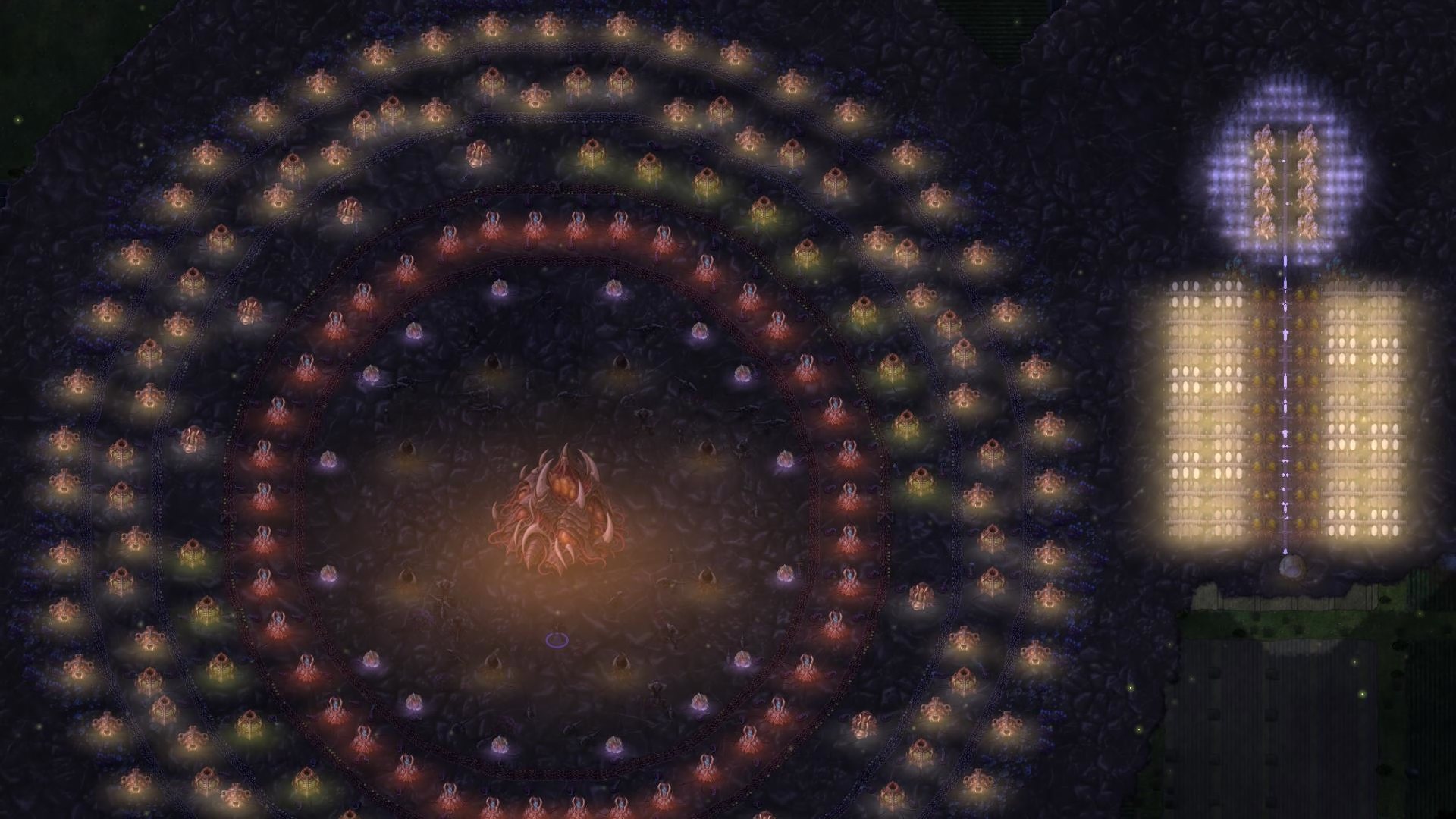 Concentric rings of glowing organs around a throne at night.