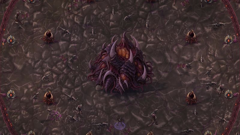 A throne of carapace and horns at the heart of a hive, warriors around it.